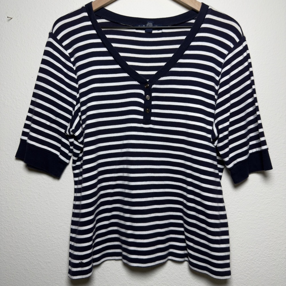 Lauren Ralph Lauren Women Nautical Henley Top XL Blue Stripe Half Sleeve Popover